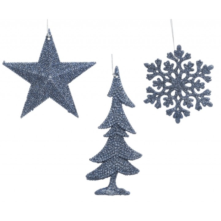 Drie glinsterende kerstversieringen in blauw: een ster, een dennenboom en een sneeuwvlok.