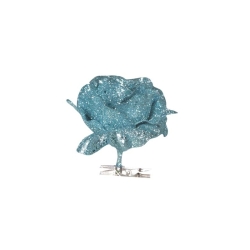A shimmering blue rose with glittery petals on a clear base, radiating elegance.