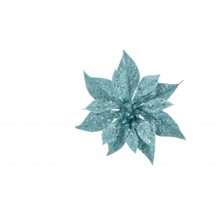 Glitterende, turquoise bloem met scherpe bladeren op een witte achtergrond.