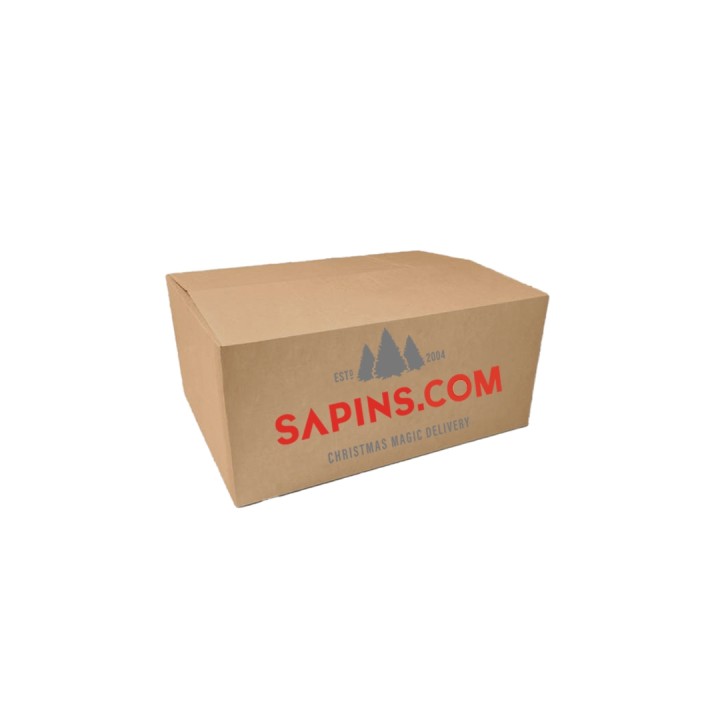 Bruine kartonnen doos met een rode opdruk van de tekst "SAPINS.COM" en een logo van bergen.