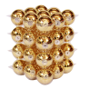 A geometric arrangement of shiny gold spheres stacked in a 3D pattern.