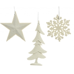Three delicate white holiday ornaments: a star, a tree, and a snowflake, all textured and festive.