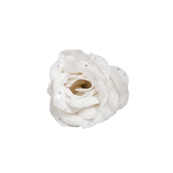 Witte rozenbloem met glinsterende details op een zachte achtergrond. Elegant en verfijnd.