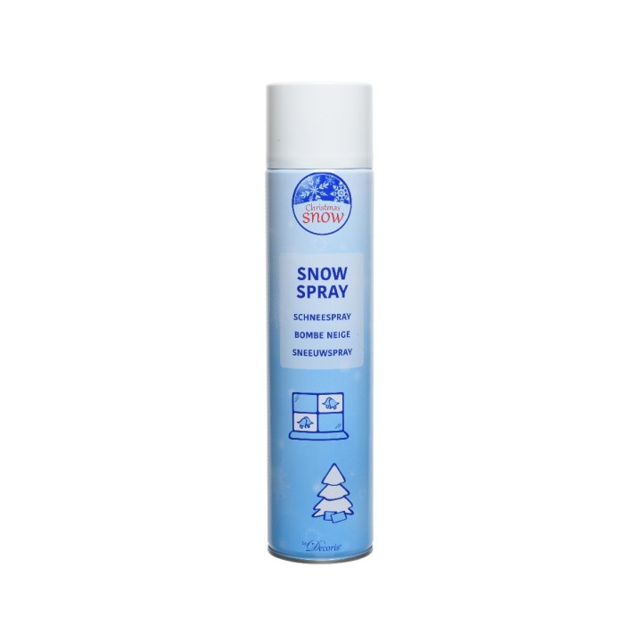 Lichtblauwe spuitbus met witte dop, label met sneeuw en kerstboom in vrolijke kleuren.