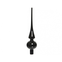 A sleek black ornament featuring a rounded base and a long, pointed top.