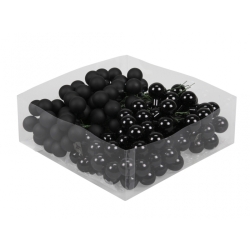 A clear container holds glossy, black spherical grapes, creating a striking contrast.