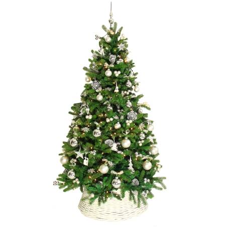 A lush green Christmas tree adorned with silver ornaments and a woven basket base. A lush green Christmas tree adorned with silver ornaments and a woven basket base.