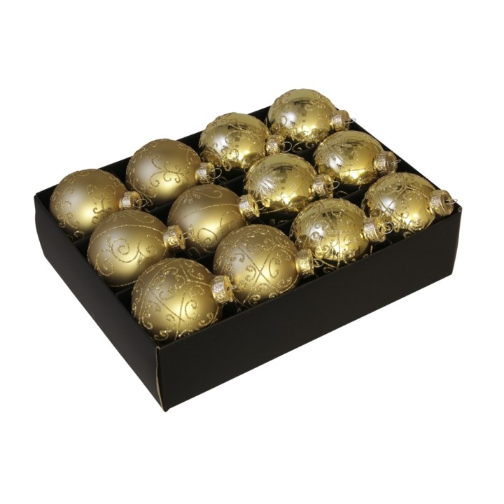 Gouden kerstballen met elegante patronen, verpakt in een zwarte doos.