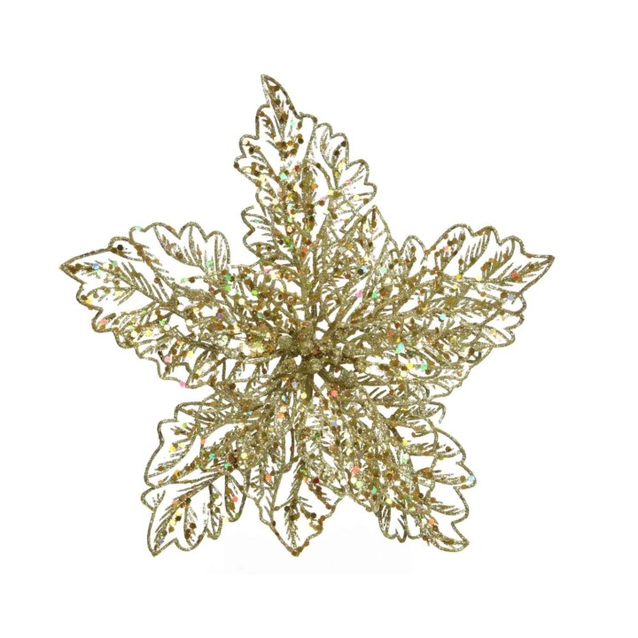 Gouden stervormige decoratie met glitters en bladmotieven, sprankelend en feestelijk.