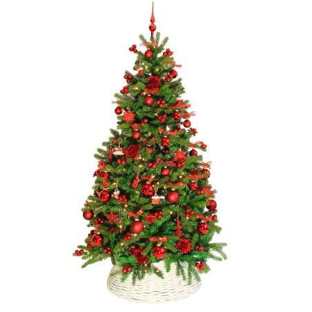 A festive green Christmas tree adorned with red ornaments and floral accents. A festive green Christmas tree adorned with red ornaments and floral accents.