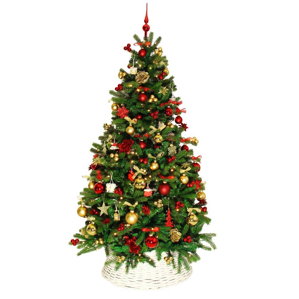 A festive green Christmas tree adorned with red and gold ornaments, topped with a star.
