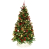 A festive green Christmas tree adorned with red and gold ornaments, topped with a star.