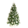 A festive green Christmas tree adorned with silver ornaments and white snowflakes.