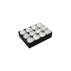 A box of twelve white ornaments with silver star designs, resting on a black base.