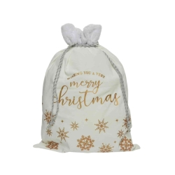 A soft white bag with gold accents and snowflake designs, tied with a fuzzy gray cord.