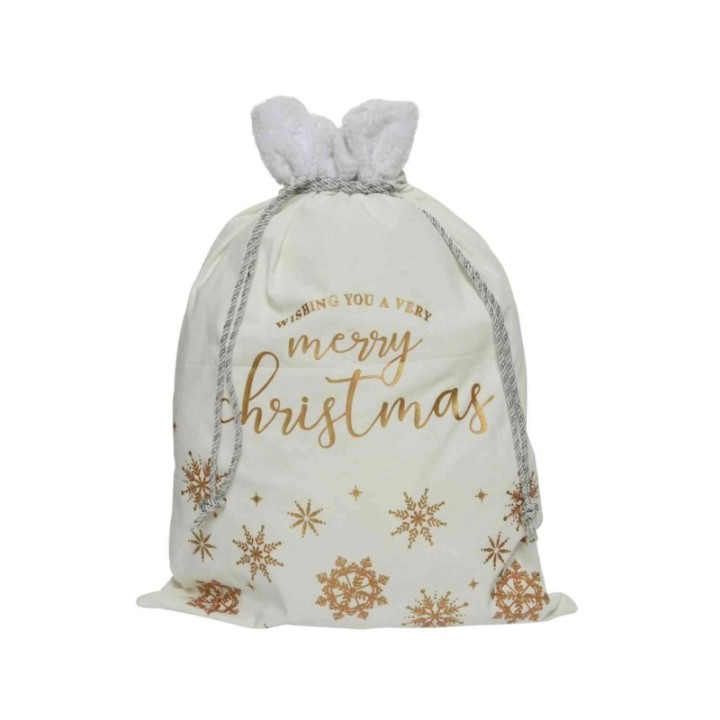 A soft white bag with gold accents and snowflake designs, tied with a fuzzy gray cord.