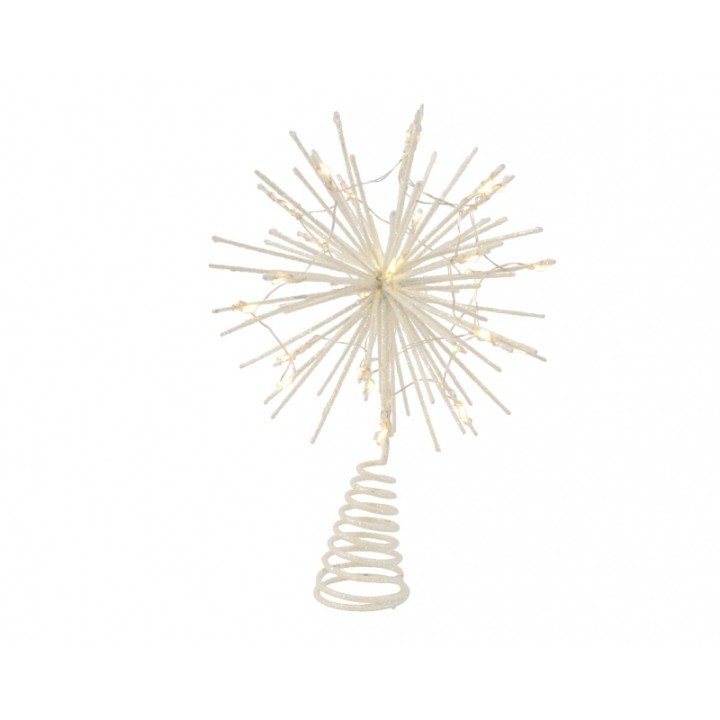 A whimsical, metallic starburst with thin, elongated spikes and a spiral base.