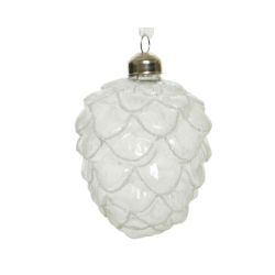 A clear, textured ornament shaped like a pinecone, featuring a metallic cap on top.