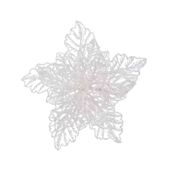 A delicate, translucent snowflake with intricate leaf-like patterns in white.