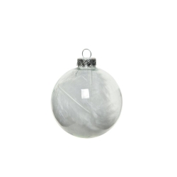 A glossy, translucent white ornament with a silver cap, displaying soft, wispy patterns inside.
