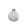 A glossy, translucent white ornament with a silver cap, displaying soft, wispy patterns inside.