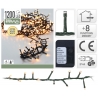 A strand of warm white LED fairy lights on a green wire, coiled with a box of features.