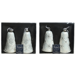Two sets of elegant white ceramic bells with delicate silver snowflake designs.