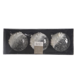 Three round, frosted glass ornaments with a glittery finish, presented in a sleek black box.