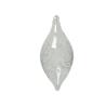 A clear, teardrop-shaped glass ornament with a textured surface.