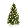 A lush green Christmas tree adorned with golden ornaments and a woven base.