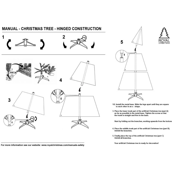 Instructies voor het opzetten van een kunstkerstboom met duidelijke afbeeldingen en stappen.
