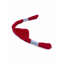 A bundle of vibrant red embroidery floss with a white label at one end.