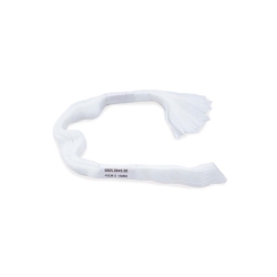 A long, thin, white fabric strip with fringed ends and printed label.