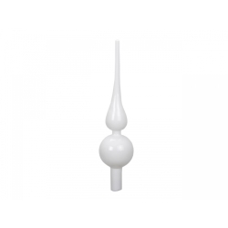 Een elegante, witte ornament met een bolvormige basis en een lange, spitse top.