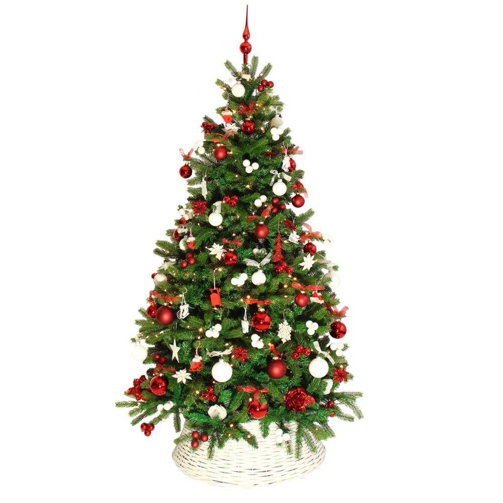A festive green Christmas tree adorned with red and white ornaments in a woven basket.