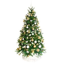 A lush green Christmas tree adorned with gold and white ornaments and a wicker base.