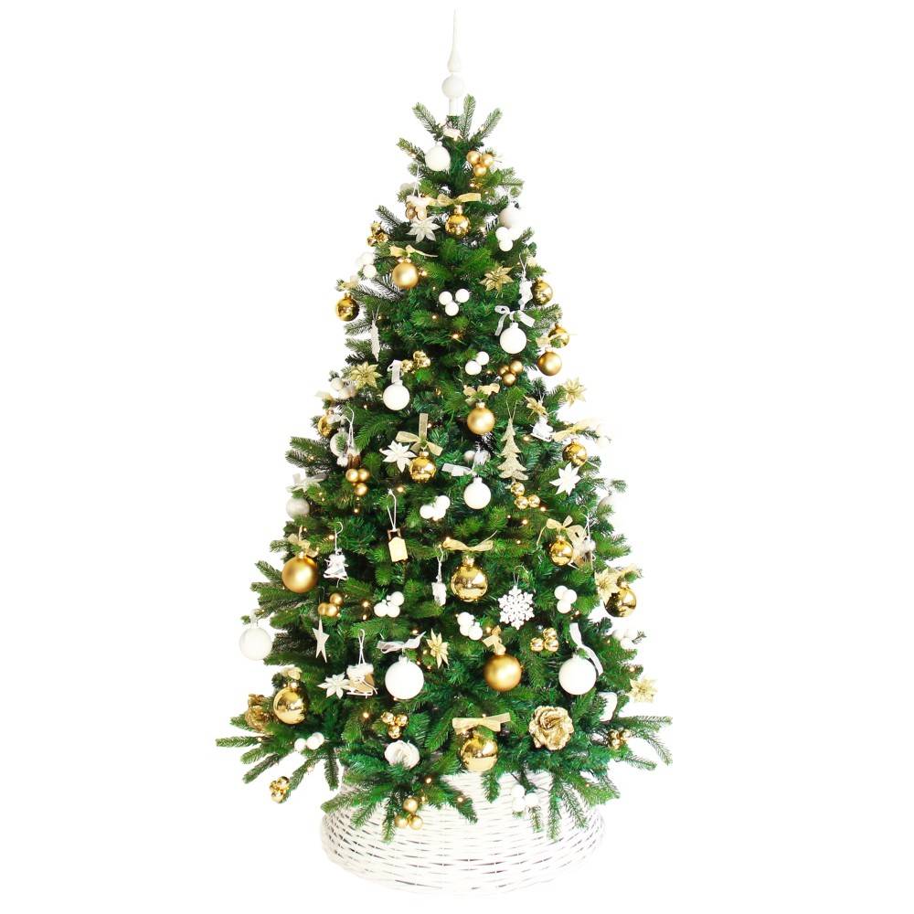 A lush green Christmas tree adorned with gold and white ornaments and a wicker base.