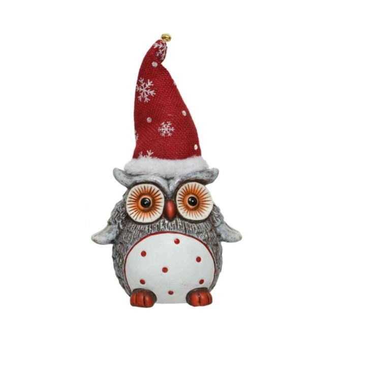 Een schattige uil met een rode kerstmanhoed, gestippeld en met grote, expressieve ogen.