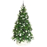A lush green Christmas tree adorned with black and white ornaments, resting in a woven basket.