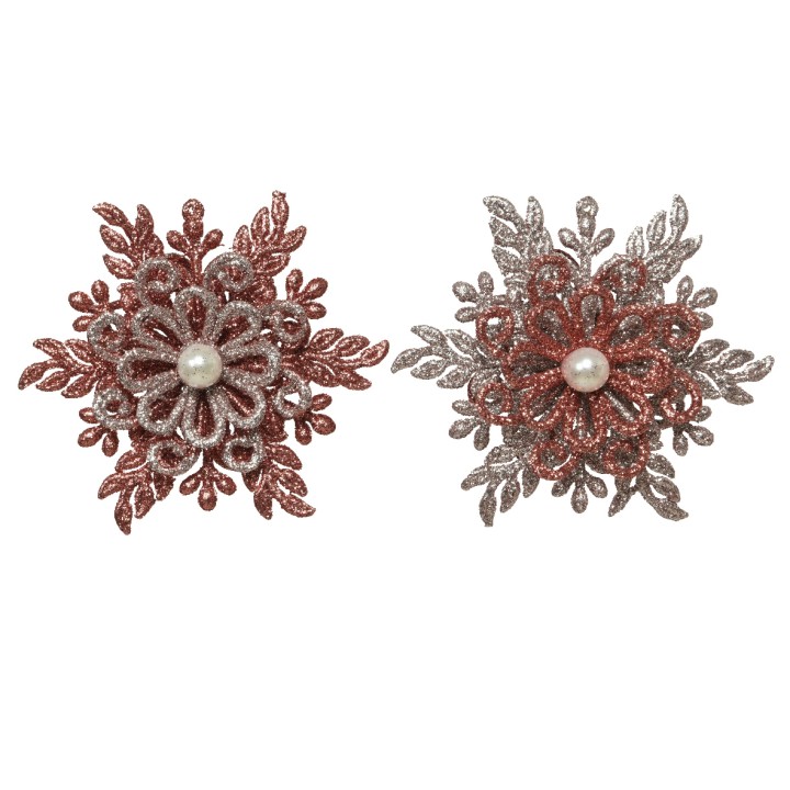 Twee glinsterende bloemdecoraties in roestkleur en zilver, met parelcentra en sierlijke bladeren.