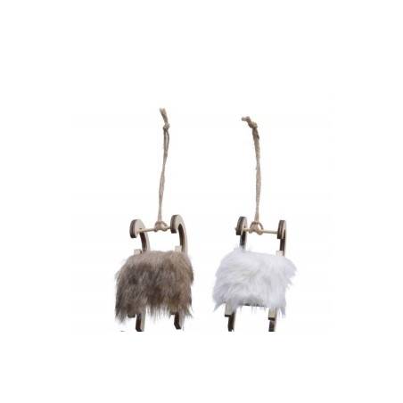 Two small wooden sleds with fluffy brown and white fur, hanging by twine.