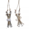 Two wooden ski decorations with twine, one adorned with a fluffy white pom-pom.