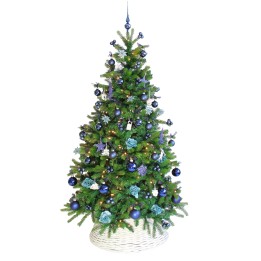 Groene kerstboom versierd met blauwe en teal ornamenten en lichtjes, in een witte mand.
