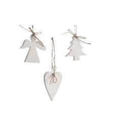 Three simple white wooden ornaments: an angel, a tree, and a heart, tied with twine.