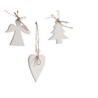 Three simple white wooden ornaments: an angel, a tree, and a heart, tied with twine.