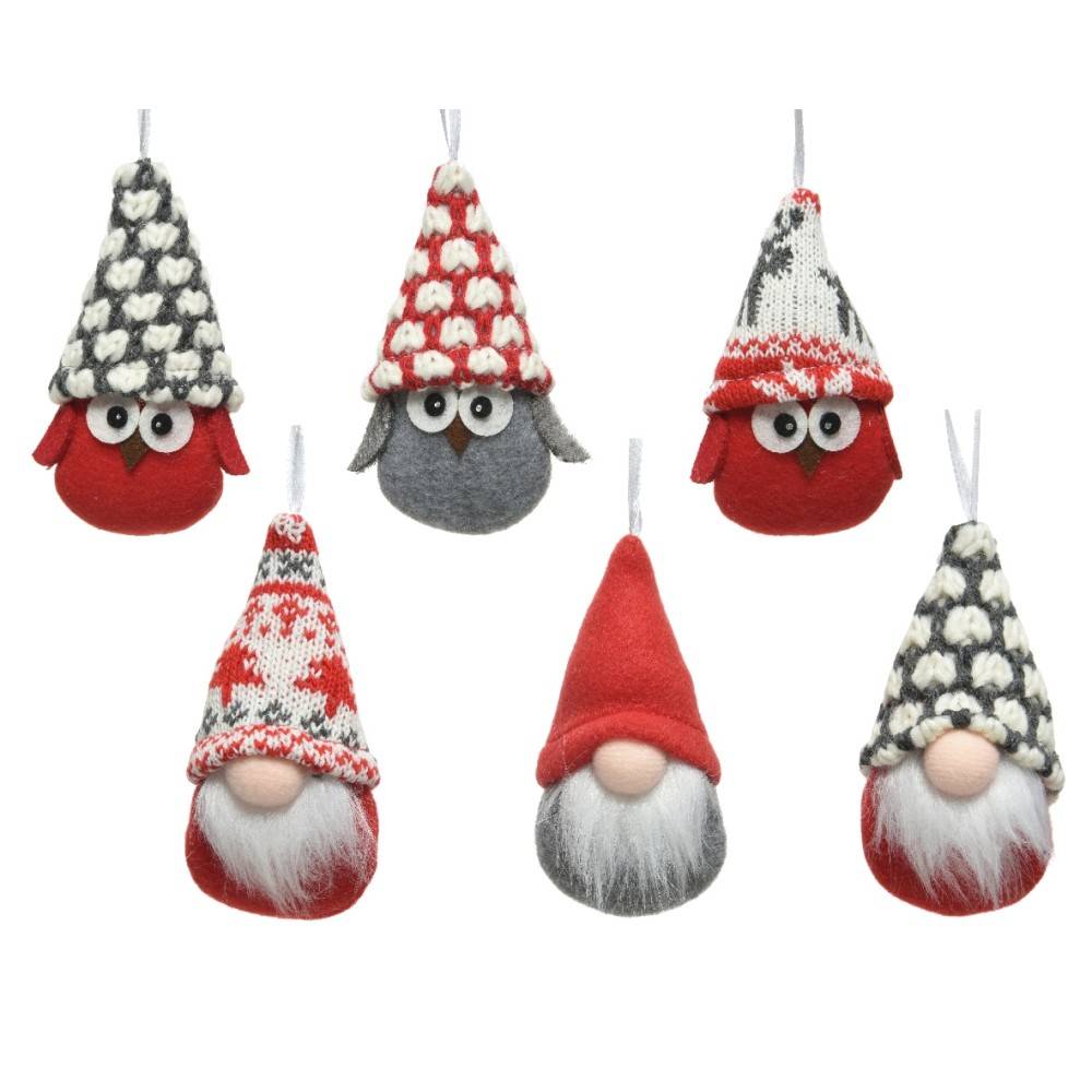 Colorful felt ornaments featuring gnomes and owls with knitted-style hats.