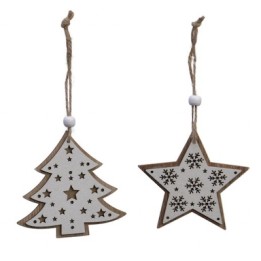 Twee houten kerstdecoraties: een dennenboom en een ster, beide met witte sterren en sneeuwvlokken.