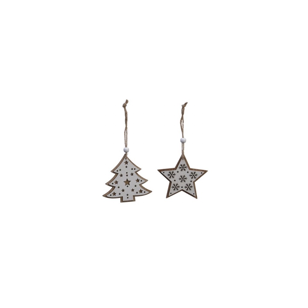 Two wooden holiday ornaments: a tree and a star, both with cut-out designs and twine hangers.