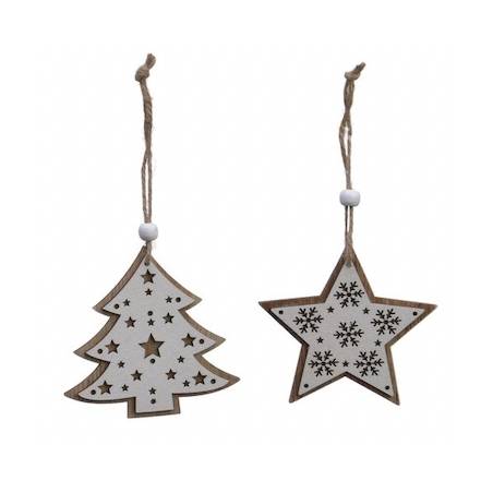 Two wooden holiday ornaments: a tree and a star, both with cut-out designs and twine hangers.