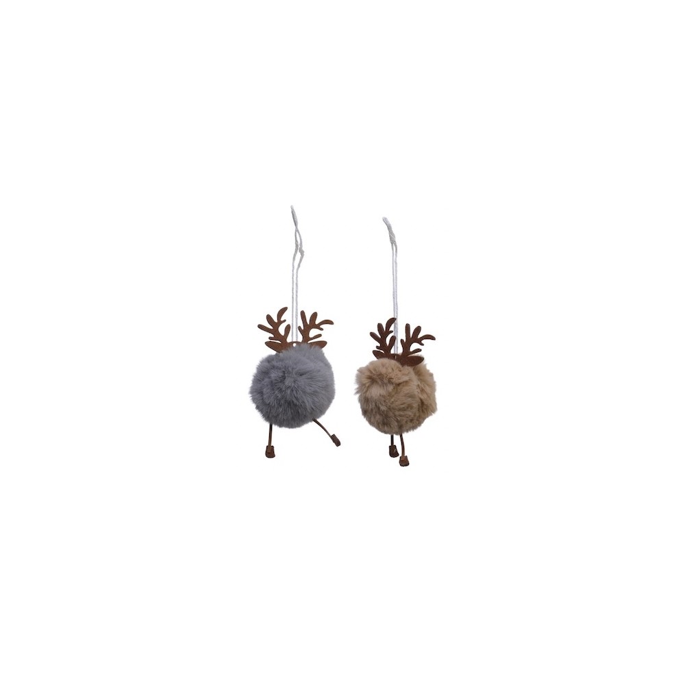 Two plush pom-poms with antlers, one gray and one tan, hanging from white strings.